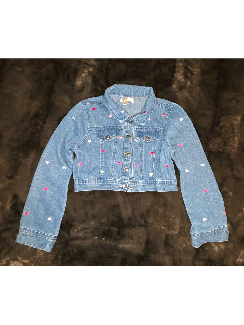 Nannette Girls 8 Blue Denim Heart Print Cropped Jacket Button Front Pockets